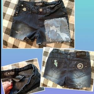 Upcycled patched jean shorts Dereon camo cactus distressed